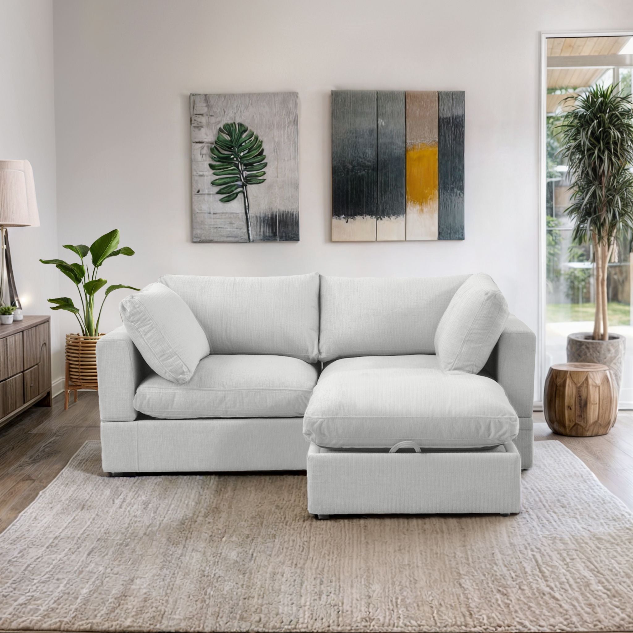 A 3-piece sectional sofa in a neutral color, possibly gray, beige, or white, with a matching ottoman, and color options shown below the sofa.
